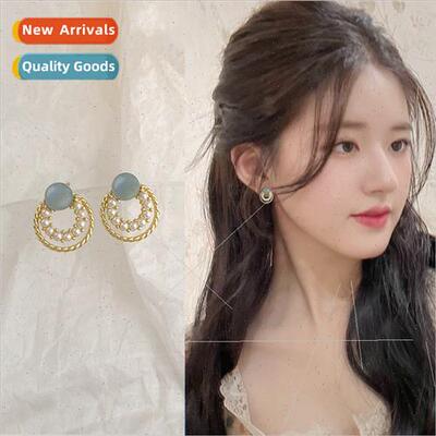 French gentle haze blue simple small gentle wh pearl earring
