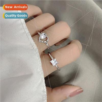 Women HK flavor retro flash diamond love ring open combinati