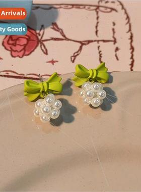 Faux Pearl Green Bow Earrings Mori Earrings适用Summer