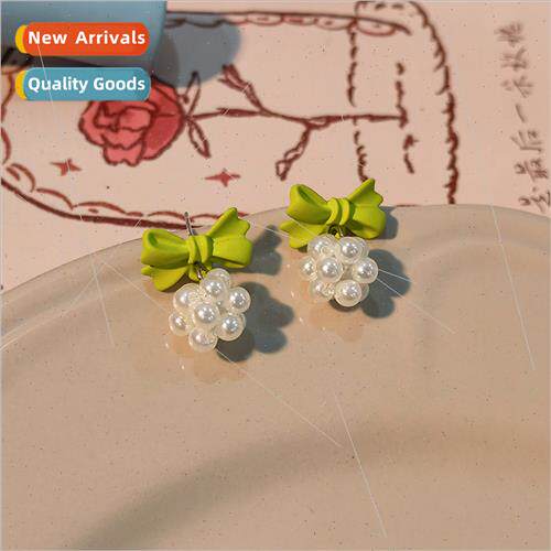 Faux Pearl Green Bow Earrings Mori Earrings适用Summer