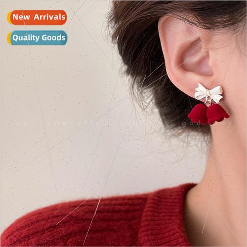 Burgundy flocked tulip earrings female sweet lovely niche bo
