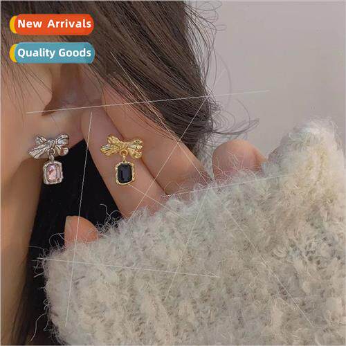 New tide Koreametal sense square diamond bow earrings female