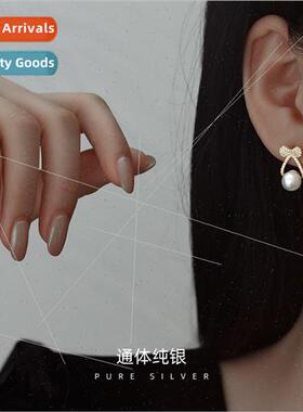 S925 lver French Bow Pearl Earrings Vintage che Butterfly Ea