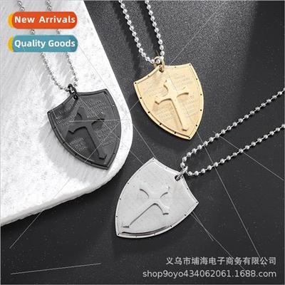 Europe Cross Shield Tanium Steel Necklace Gold Plated che  P