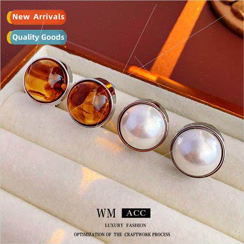 lver needle round resin pearl metal earrings simple earrings