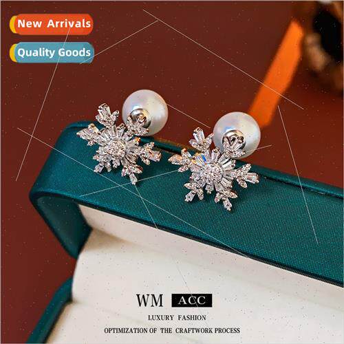 lver needle zircon hollow snowflake pearl earrings fall wint