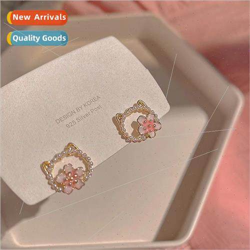 Pink flowers cute cat earrings female sweet fashion flower e
