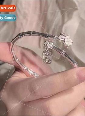 Bamboo lotus flower open bracelet female ins retro tide peac