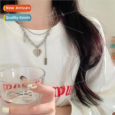 Europe ins set hip hop double layer love heart key necklace