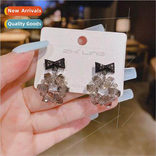 S925 silver pin retro fashion black bow earrings Korea gray