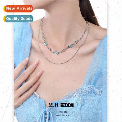 Blue Square Double Layers Necklace Women Sweet Cool Sweater