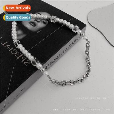 Square crystal pearl color blocking necklace new men women i