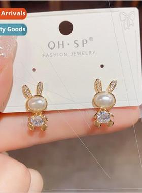 Cute pearl bunny spir earrings s925 silver needle 2023 new h