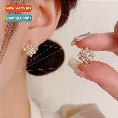 Korea small sweet lovely rice beads diamond-shaped earrings