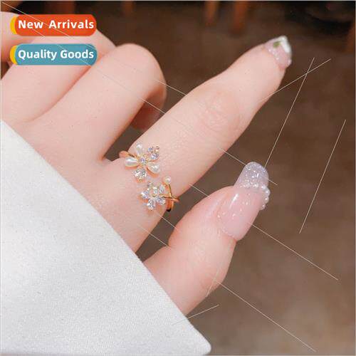 Korea fashion gentle zirconia pearl flower open ring open ri
