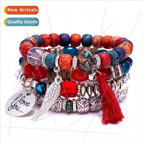 Europe new 4pcs I love you wings tassel beads bracelet set