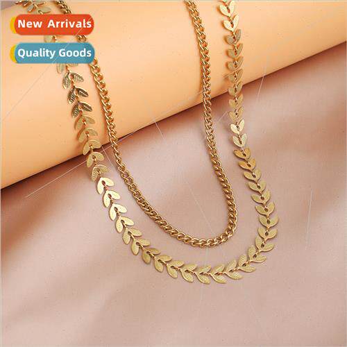 Europe New Gold Leaf Stainless Steel Double Layer Chain Neck
