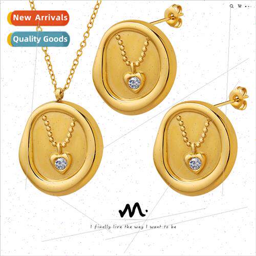 Irregular oval pendant tanium steel gold-plated inlaid zirco