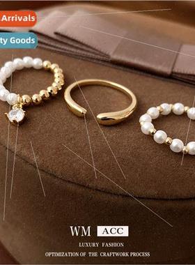 Electroplating pearl round bead elastic ring 3 pcs set fashi