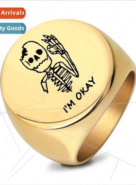 Europunk Stainless Steel Glossy Laser Skull OK Ring Round 22