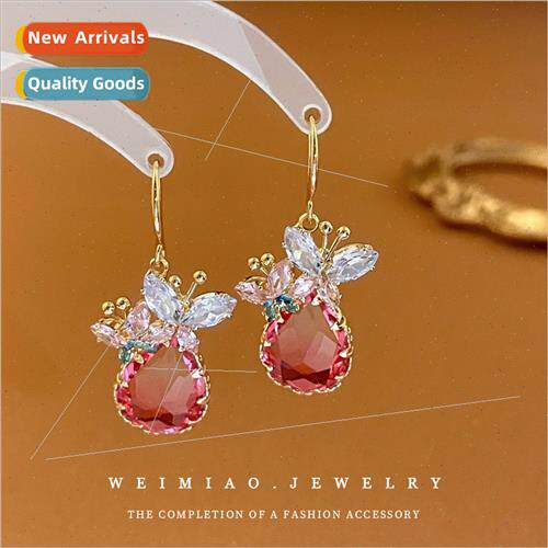 Pink zirconia butterfly drop earrings French ins lerary ear