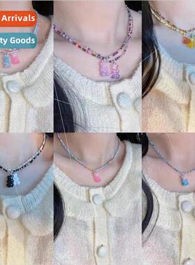 Koreacute gradient candy bear rice beads necklace colorful b