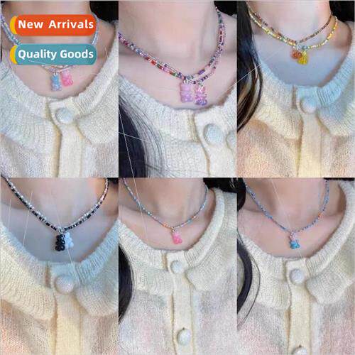 Koreacute gradient candy bear rice beads necklace colorful b