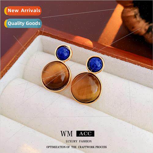 lver needle vintage round tiger eye stone earrings French el