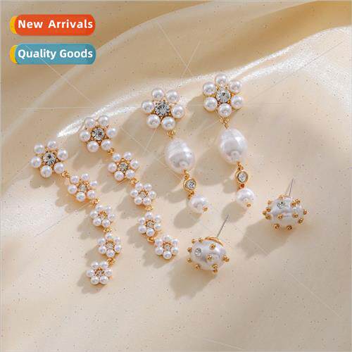 New inlaid pearl flower long earrings female ins fashion sim