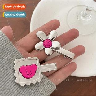 girl metal hair clips bear smiley flowers side bangs broken