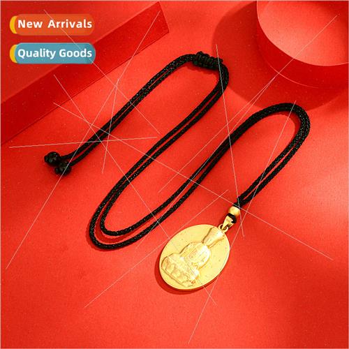 24k Guanyin Bodhisattva Necklace Peaceful Handmade Black Rop