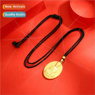 24k Guanyin Bodhisattva Necklace Peaceful Handmade Black Rop