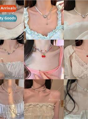 Korea retro pearl diamond tassel necklace flower bow collarb