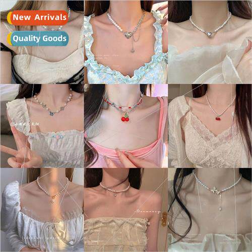 Korea retro pearl diamond tassel necklace flower bow collarb