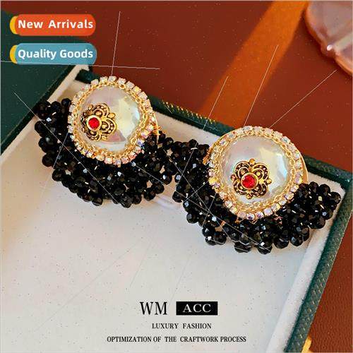 lver needle flower pattern round pearl crystal earrings Fren