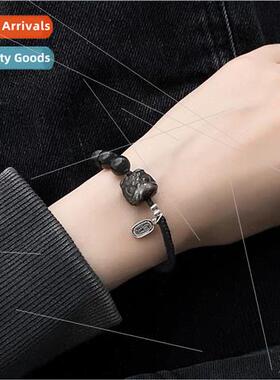 Natural obsidian bracelet silver obsidian waking lion braide