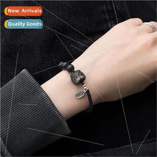 Natural obsidian bracelet silver obsidian waking lion braide