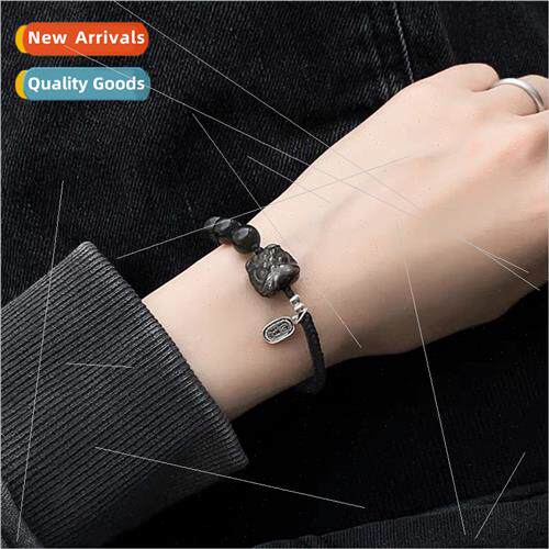 Natural obsidian bracelet silver obsidian waking lion braide