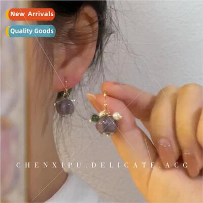 Purple Glazed Lotus Earrings French Vintage Water ly Handmad