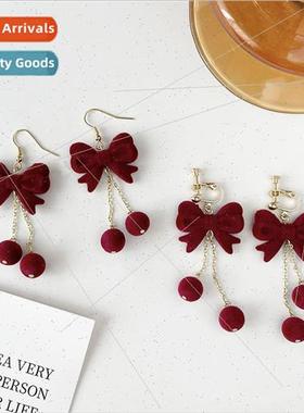 Fall winter new red flocked ear hook bow round ball Christma