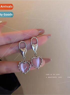 Pink cat eye stone love heart pendant earrings new tide nich