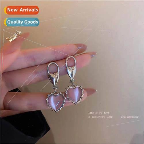 Pink cat eye stone love heart pendant earrings new tide nich