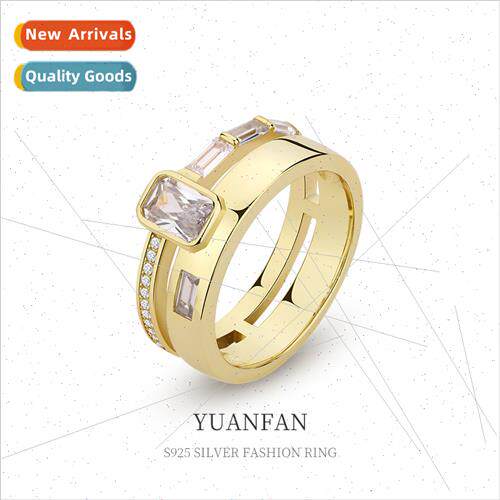 S925 lver Ring Europe Vintage Gold Square Zirconia Ring