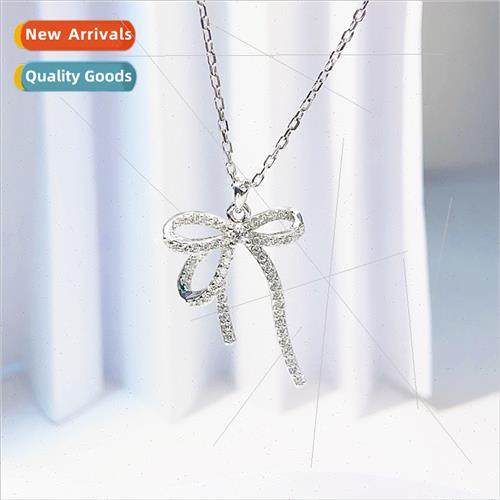Full zirconia bow silver necklace female niche 2023 gift适用
