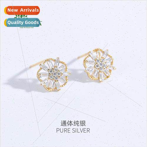 S925 silver plated 14 gold inlaid zirconia plum flower earri