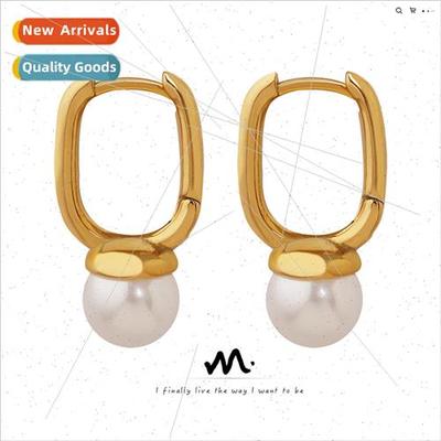 French retro colorless pearl earrings tanium steel gold-plat