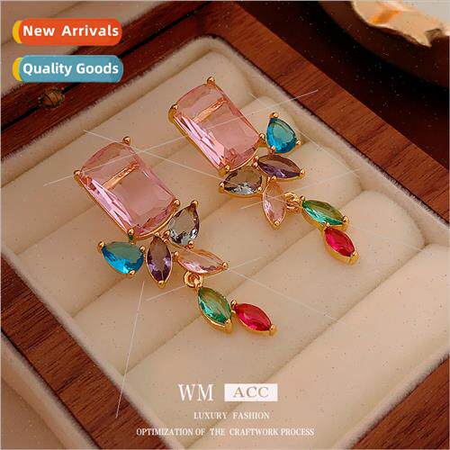 lver needle colorful zirconia square drop earrings delicate