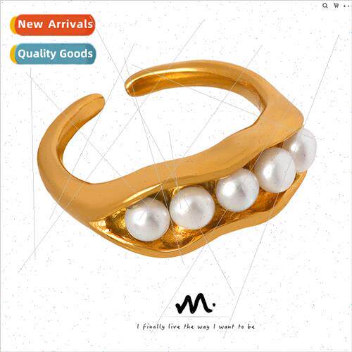 French ins pod shaped inlaid faux pearl ring tanium steel el
