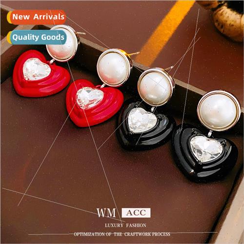 lver needle inlaid diamond heart pearl earrings French retro