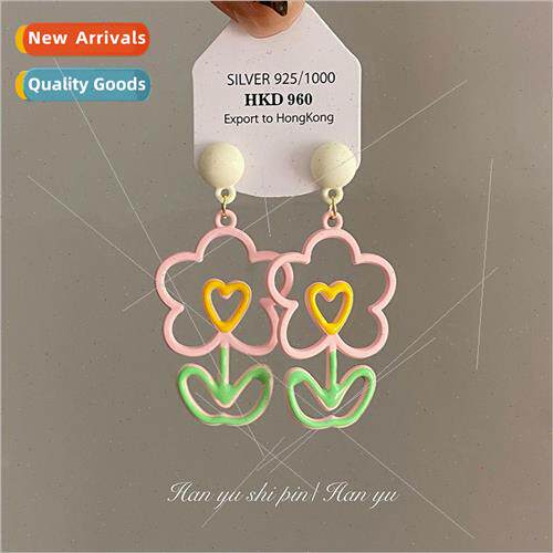 Pink Flower Earrings Female che Hundred lver Pin Earrings Fa